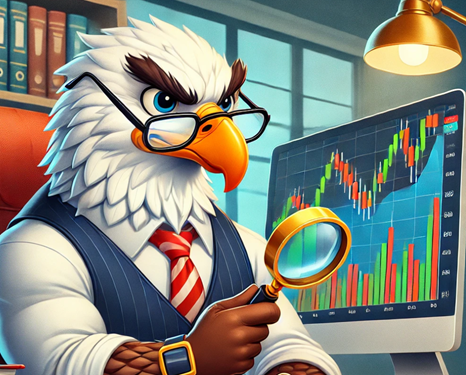 An eagle wearing glasses and a business suit, analysing MSTY ETF’s past performance.