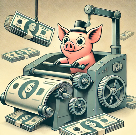 a pig operating a printing press that churns out stacks of money, symbolizing improved cashflow