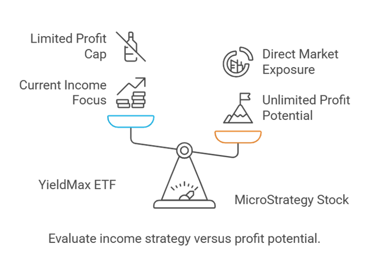 This illustration shows to clear difference between owning MSTR stock vs MSTY income etf