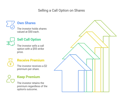 A illustration showing what happens when you sell a call option to make income 