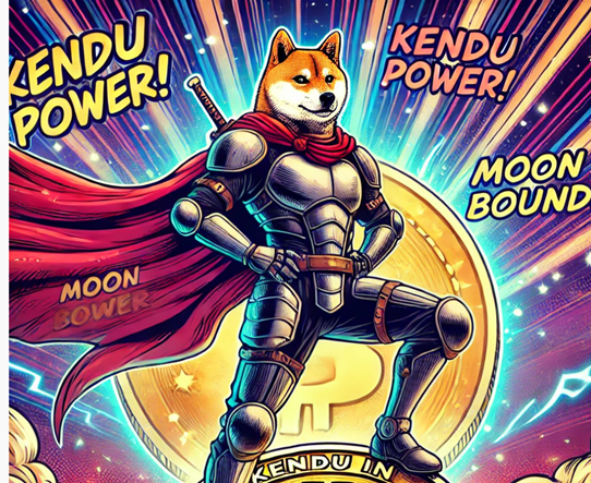 A heroic comic book-style illustration featuring Kendu Inu, the memecoin sensation. 