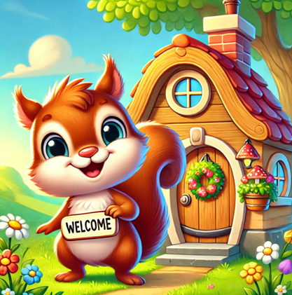 A picture of a cheerful squirrel—standing in front of its cozy little house. The squirrel has a friendly smile, holding a tiny welcome sign or waving happily. 