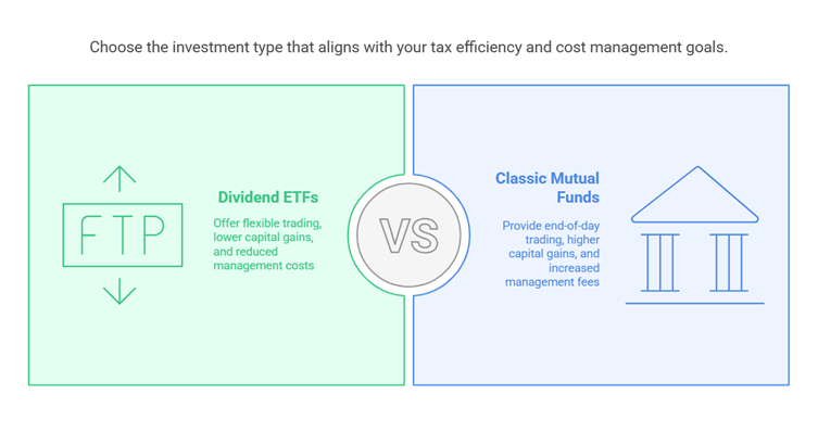 The picture shows the difference between buying a Dividend ETF vs a classic mutual fund.