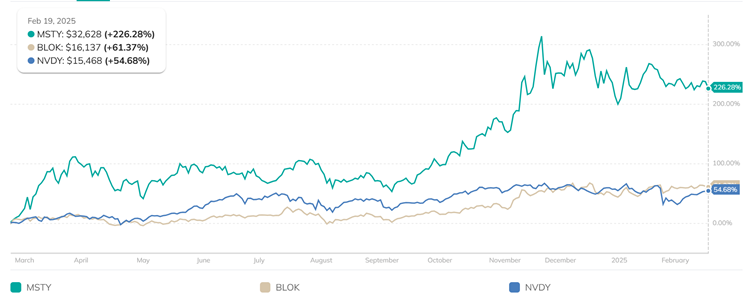 The graph illustrates the difference in ROI between MSTY ETF NVDY ETF and BLOK ETF