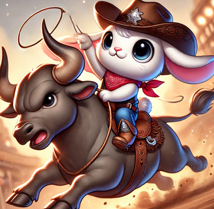 A cute, adventurous bunny wearing a tiny cowboy hat, riding a powerful bull, symbolising a bull market.