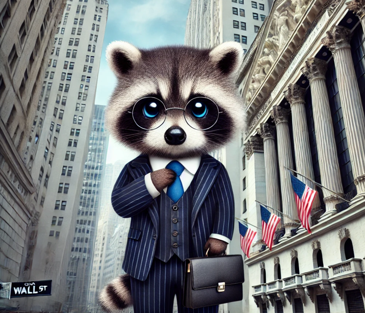 Picture of a  raccoon is holding a briefcase and adjusting its tie, looking ready to conquer the financial world starting from wall st.