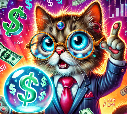 A comical picture of a cat acting as a financial guru, predicting cash flow. 