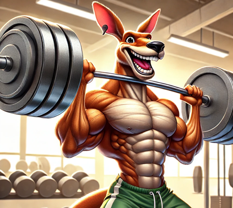 A muscular kangaroo lifting heavy weights understands the compounding perks of his investment.