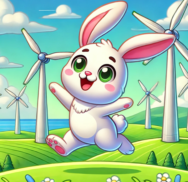 A picture of  a playful bunny—happily playing in a wind farm and enjoying their wind income stream.