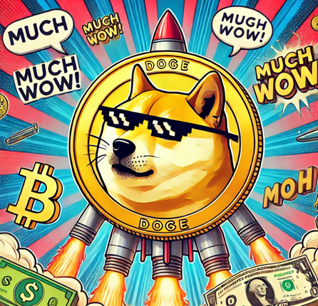 A funny and playful digital artwork featuring the Dogecoin (DOGE) cryptocurrency coin. 