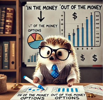 Picture of a hedgehog is comparing 'in the money' vs. 'out of the money' options on a whiteboard with financial charts and graphs.