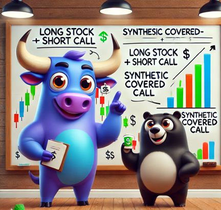 The images features an exaggerated, friendly bull and bear teaching MSTY’s cover call options strategy