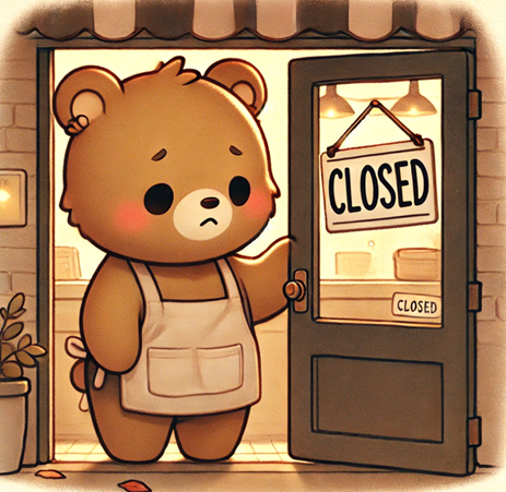 A touching and cartoonish illustration of a cute animal—such as a small bear—closing its business with a sad expression.