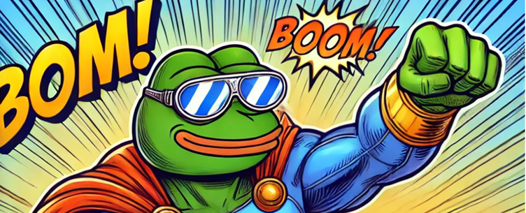 The image showcases a heroic, muscular PEPE the Frog in a superhero costume, soaring through a city skyline with a confident smirk