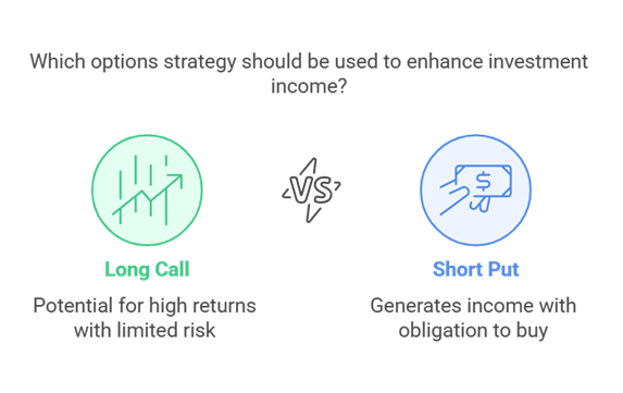 A diagram showing the difference between a Long call and Short Put option strategies