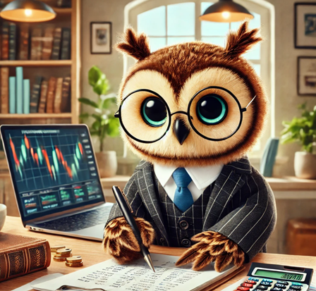 A cute, wise owl wearing glasses and a business suit, sitting at a desk working on income strategies.