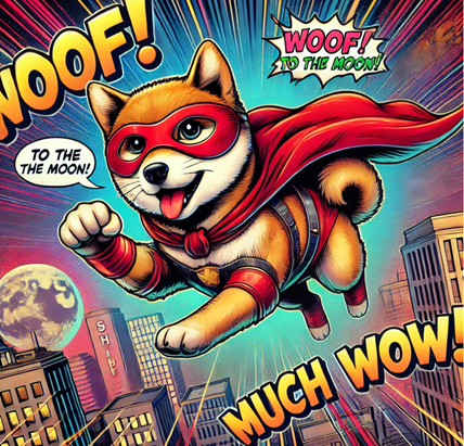 A funny and vibrant comic book-style illustration featuring Shiba Inu (SHIB) memecoin. 