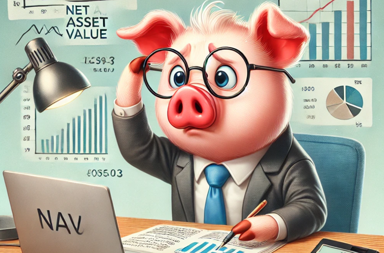 A humorous and cartoonish illustration of a pig sitting at a desk, looking confused while trying to understand Net Asset Value (NAV). 