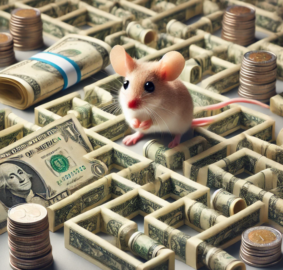  A picture of determined mouse trying to navigate and escape a complex maze made of stacks of money.