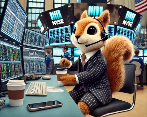 This is a photo of a squirrel is sitting at a trading desk displaying different actively managed ETFs.